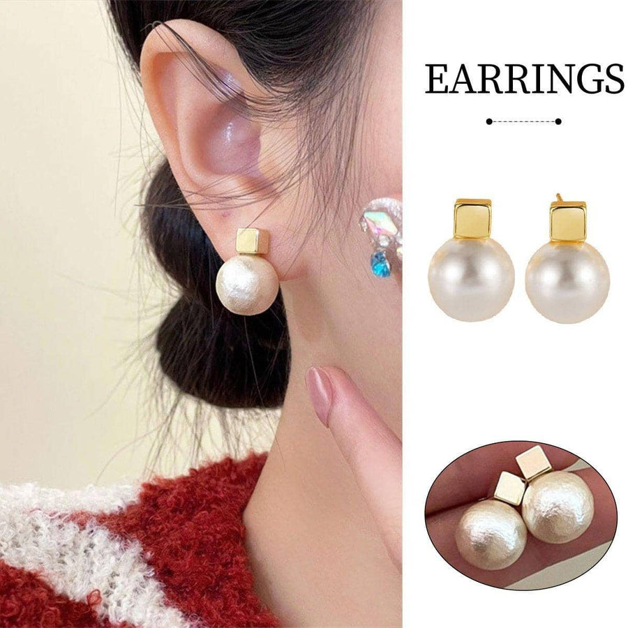 Geometric Gold Stud Earrings with Imitation Pearls for Women Daily Wear