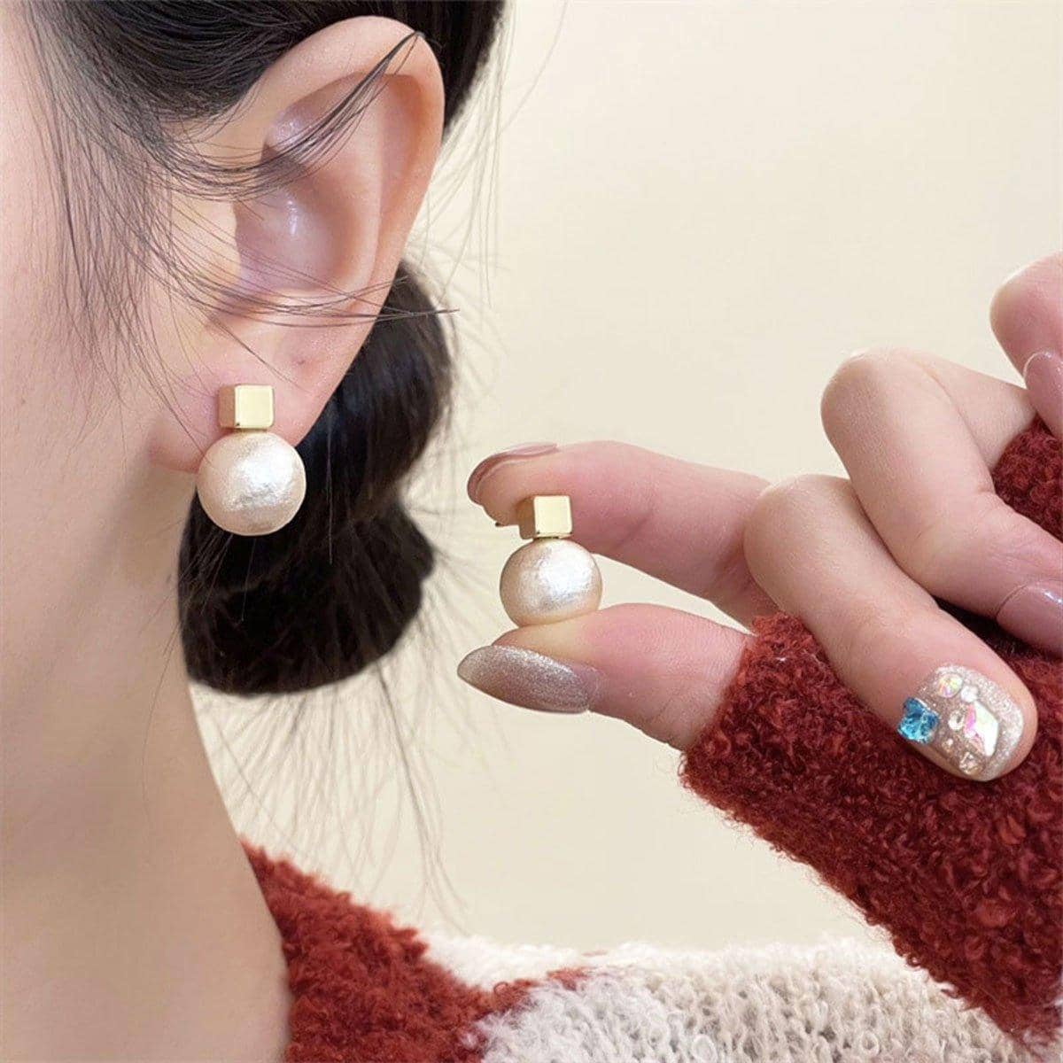 Geometric Gold Stud Earrings with Imitation Pearls for Women Daily Wear - view 4