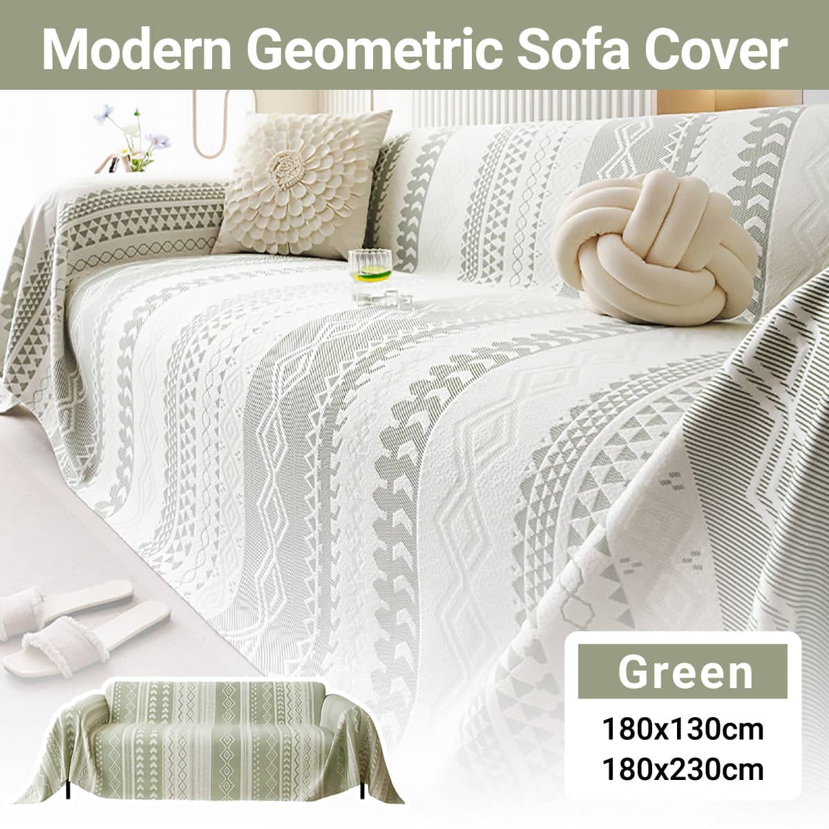 Geometric Sofa Cover, Breathable Soft Fabric - Sage Green, 180 x 230 cm - view 2