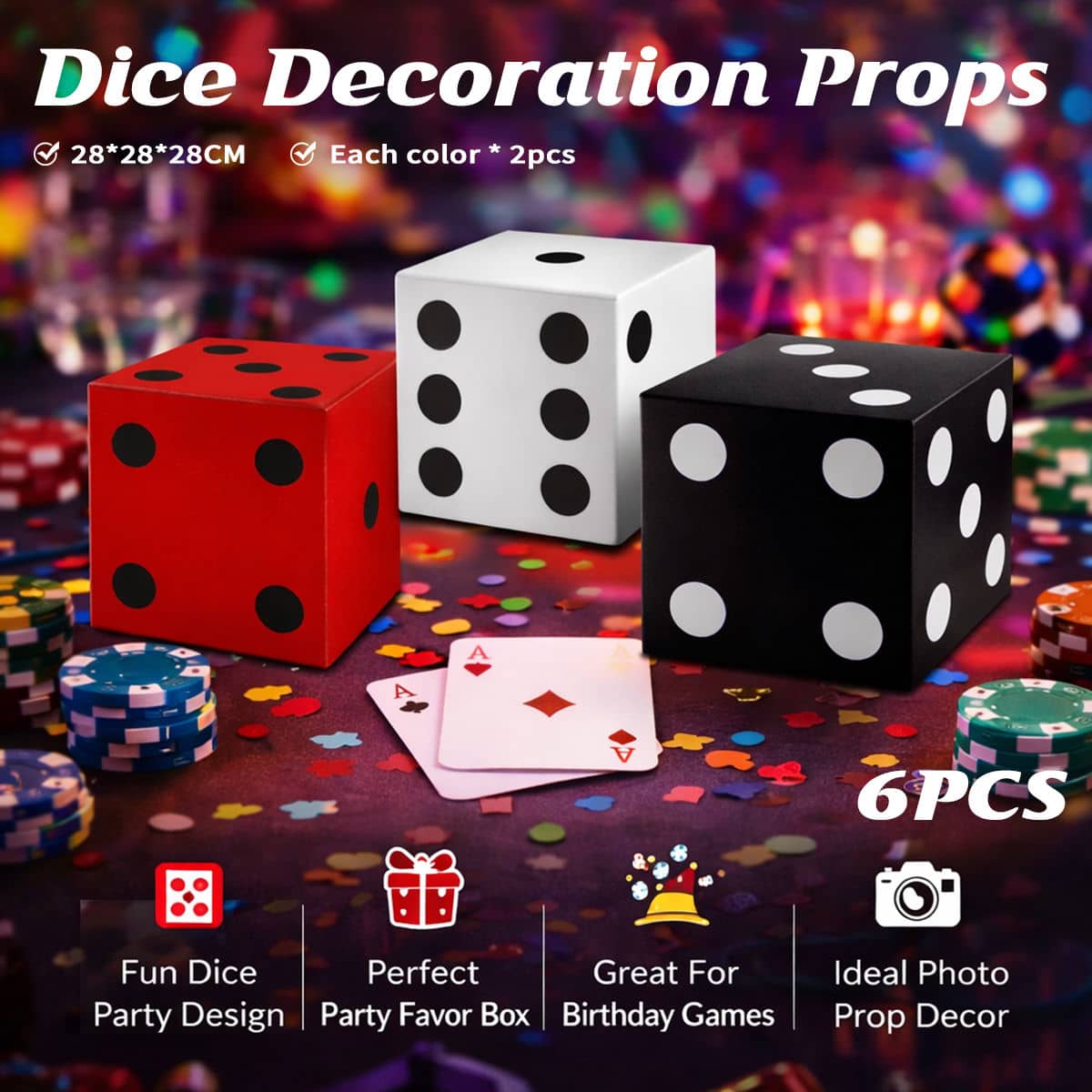Giant Dice Party Favour Boxes Pack of 6 Photo Props 28 cm Red White Black
