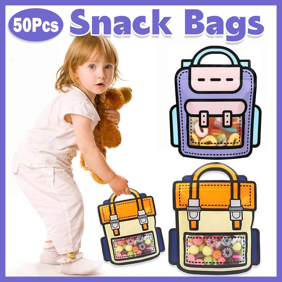 Gift Bags for Snacks and Toys, 18 x 21 cm Clear Ziplock Pouch, Pack of 50 - Purple - view 2