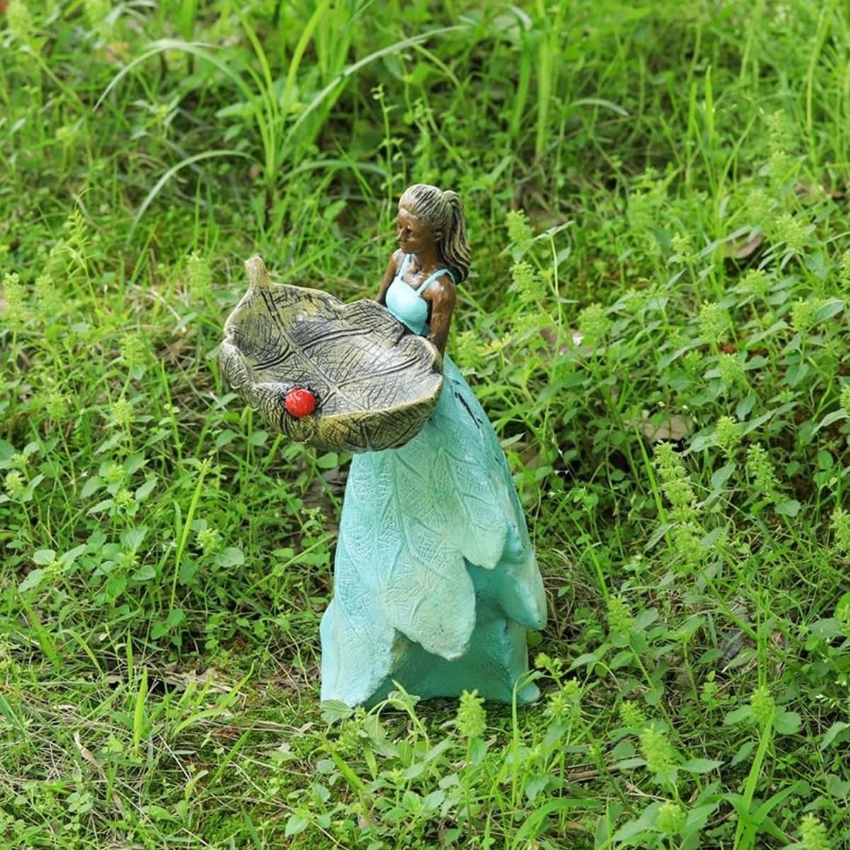 Girl Sculpture Bird Feeder Garden Ornament, Outdoor Resin Yard Decor with Leaf Bowl - view 5