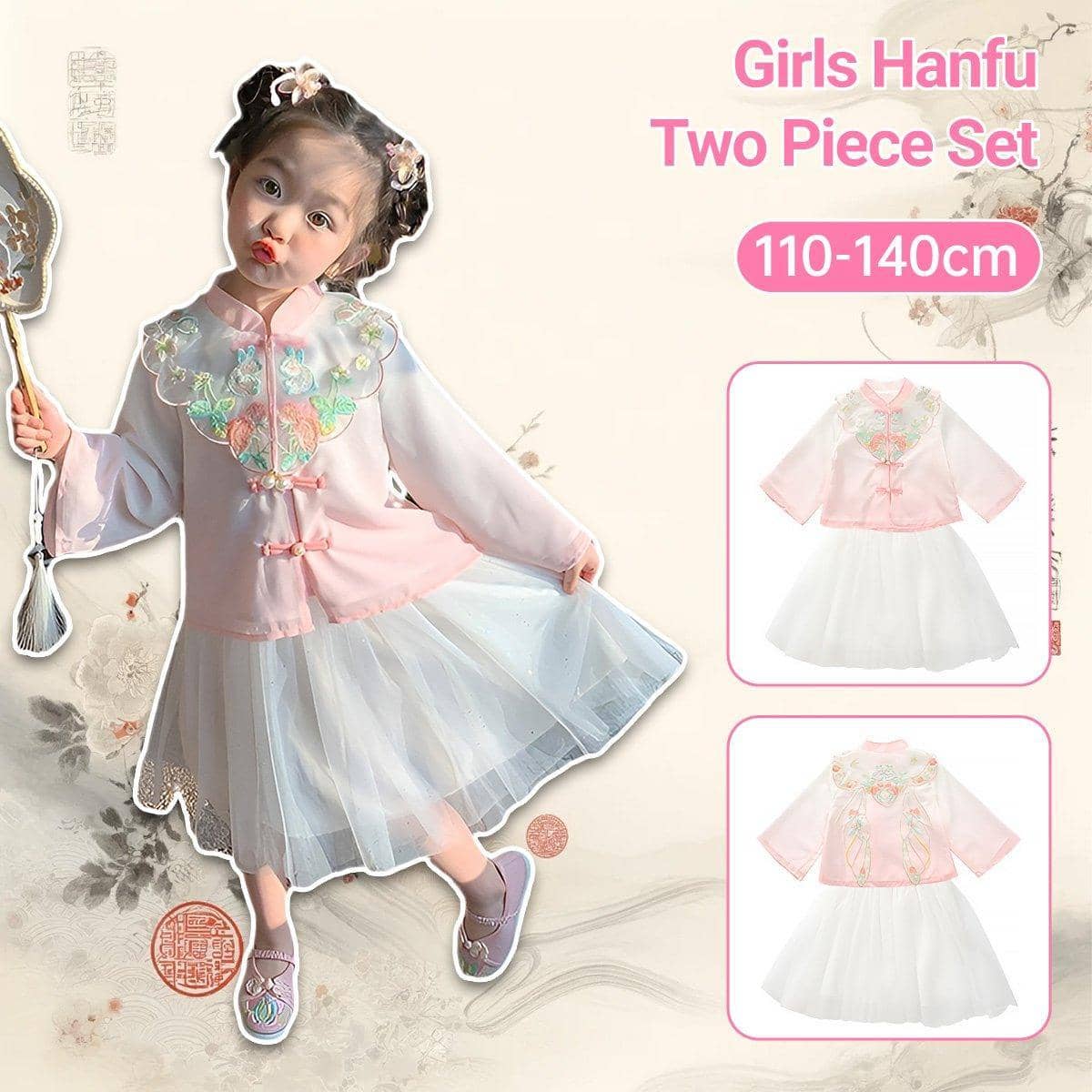 Girls Autumn Hanfu Outfit, Pink Top and White Skirt - Size 100cm - view 2