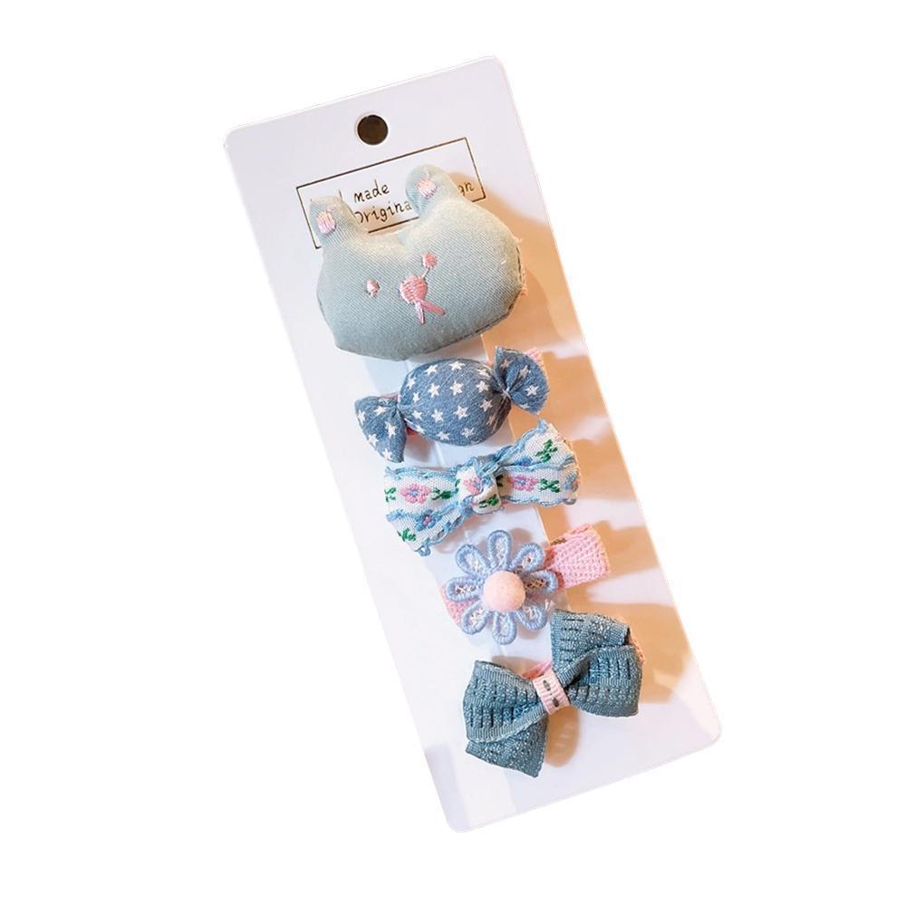 Girls Bowknot Snap Hair Clips Set of 5 - Blue Bunny, Candy and Flower Bows
