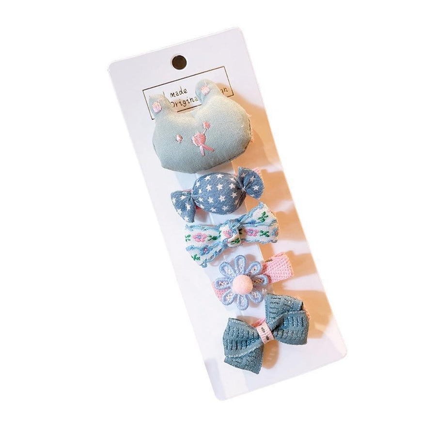 Girls Bowknot Snap Hair Clips Set of 5 - Blue Bunny, Candy and Flower Bows