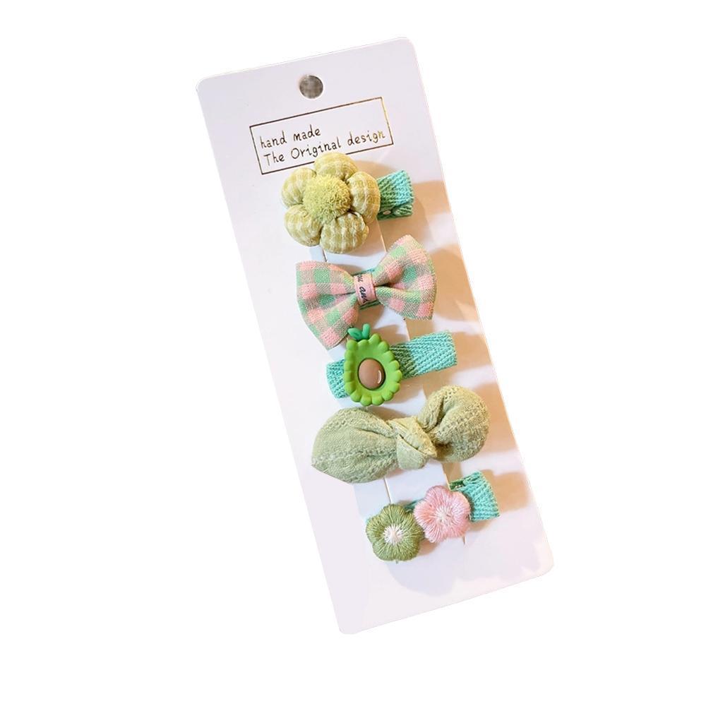 Girls Bowknot Snap Hair Clips Set of 5 - Green Flowers, Plaid Bow and Avocado
