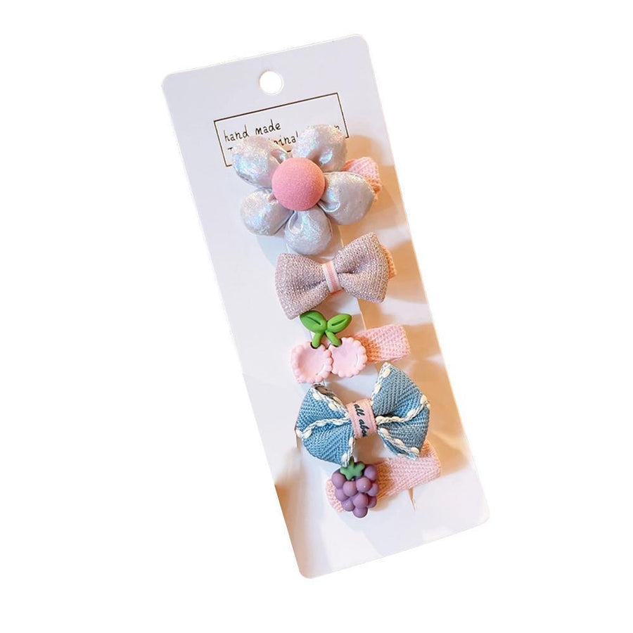 Girls Bowknot Snap Hair Clips Set of 5 - Lilac Flower, Cherries and Grapes