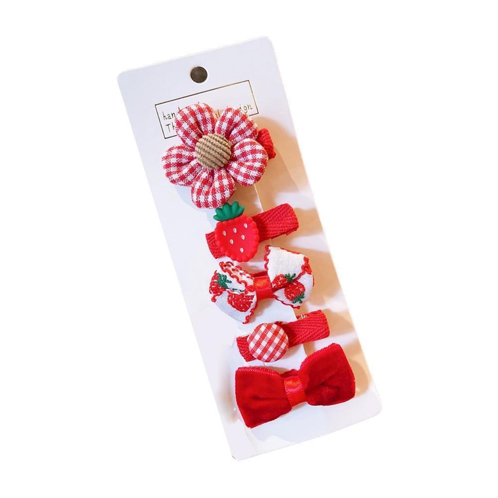 Girls Bowknot Snap Hair Clips Set of 5 - Red Strawberry and Gingham