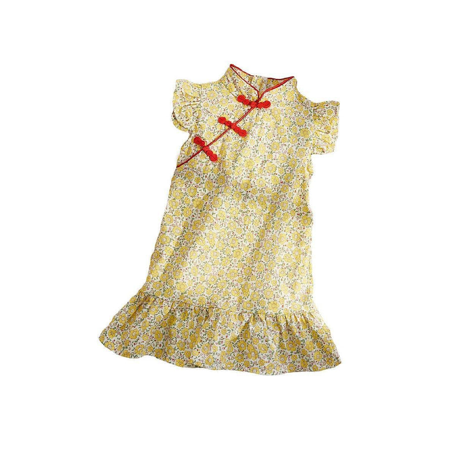 Girls Cheongsam Floral Dress, Traditional Chinese Style - Yellow, 120 cm