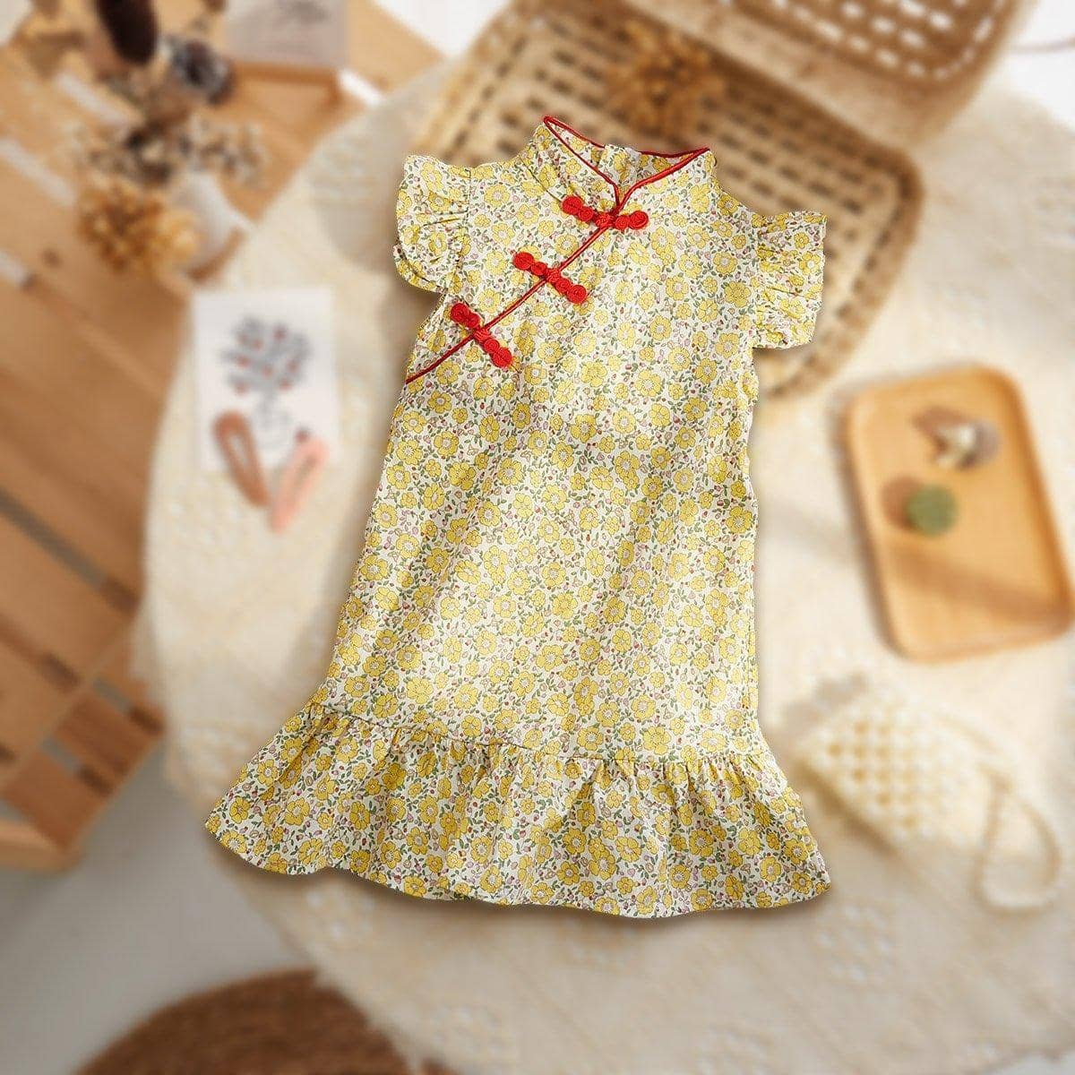 Girls Cheongsam Floral Dress, Traditional Chinese Style - Yellow, 120 cm - view 5