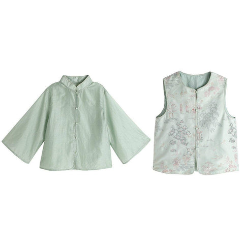 Girls Chinese Style Embroidered Waistcoat and Shirt Two-Piece Set - Size 140cm