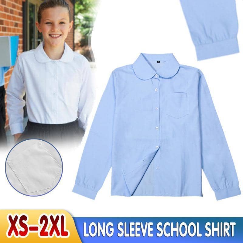 Girls Peter Pan Collar Long Sleeve School Shirt - Sky Blue, Size M (Bust 94 cm, Length 61 cm)