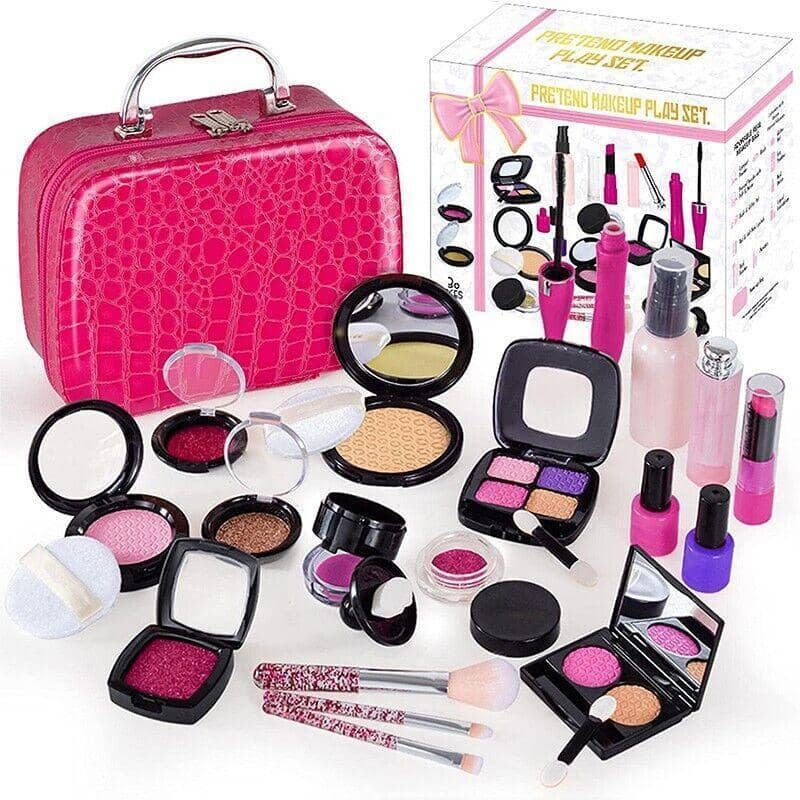 Girls Pretend Makeup Set with Cosmetic Bag, Brushes and Eyeshadow - Magenta