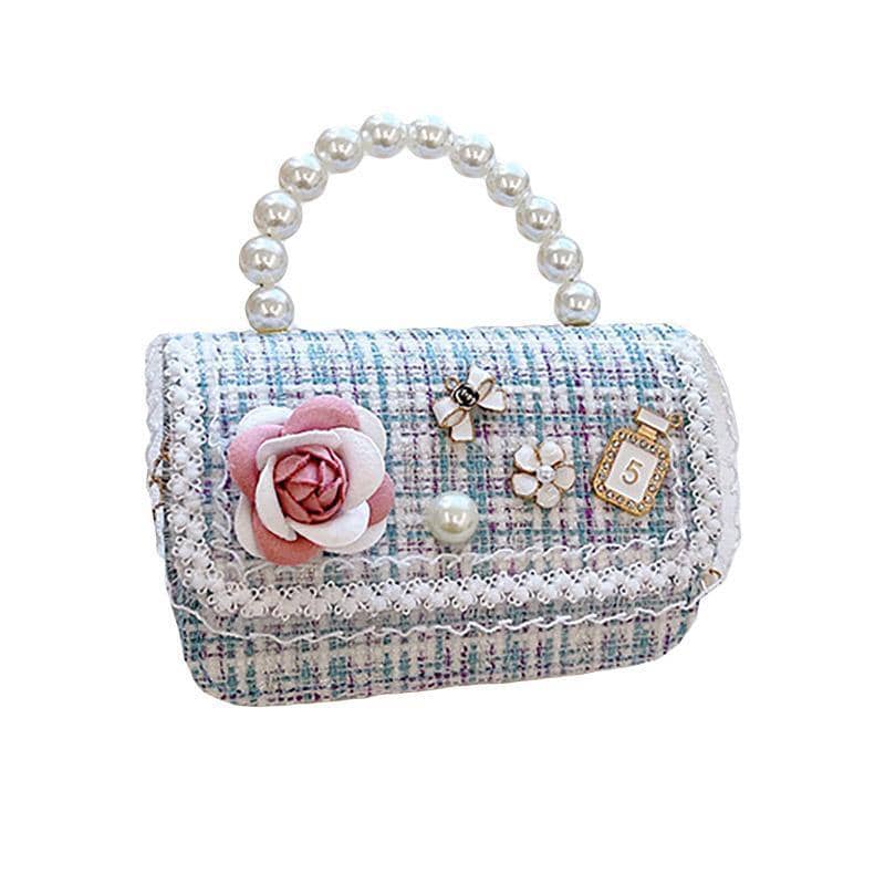 Girls Small Square Handbag with Pearl Handle and Chain Strap - Blue