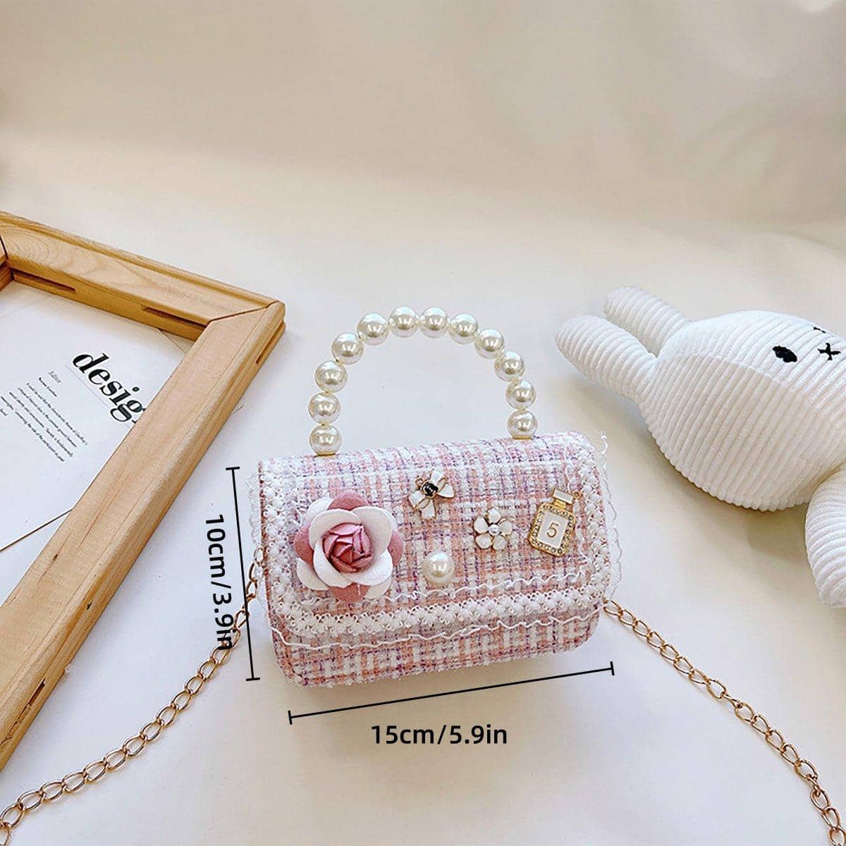 Girls Small Square Handbag with Pearl Handle and Chain Strap - Blue - view 4