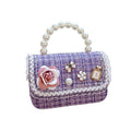 Girls Small Square Handbag with Pearl Handle and Chain Strap - Purple