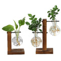 Glass Bulb Plant Vase with Wooden Stand - Set of 2 Stands, 13.5 cm and 19 cm