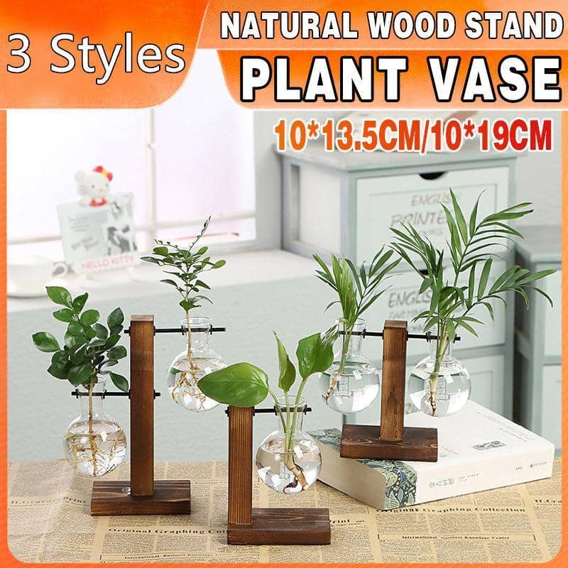 Glass Bulb Plant Vase with Wooden Stand - Set of 2 Stands, 13.5 cm and 19 cm - view 2
