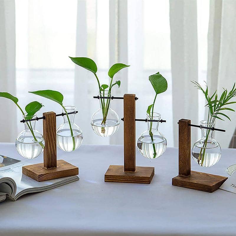 Glass Bulb Plant Vase with Wooden Stand - Set of 2 Stands, 13.5 cm and 19 cm - view 4