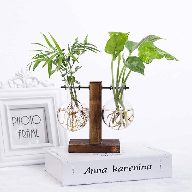Glass Bulb Plant Vase with Wooden Stand - Set of 2 Stands, 13.5 cm and 19 cm - view 5