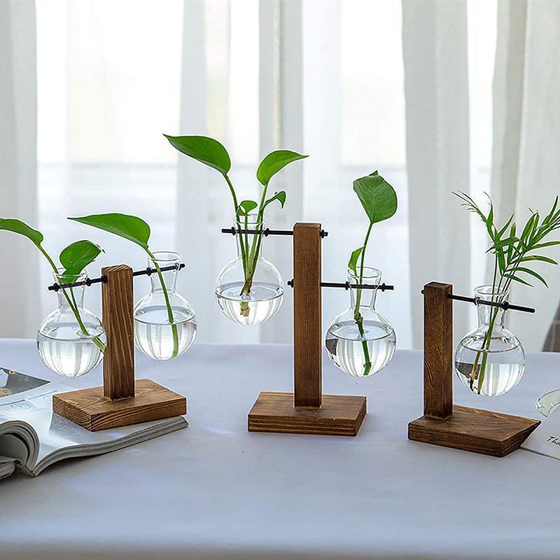Glass Bulb Plant Vase with Wooden Stand - Two Bulbs, 10 x 13.5 cm - view 4