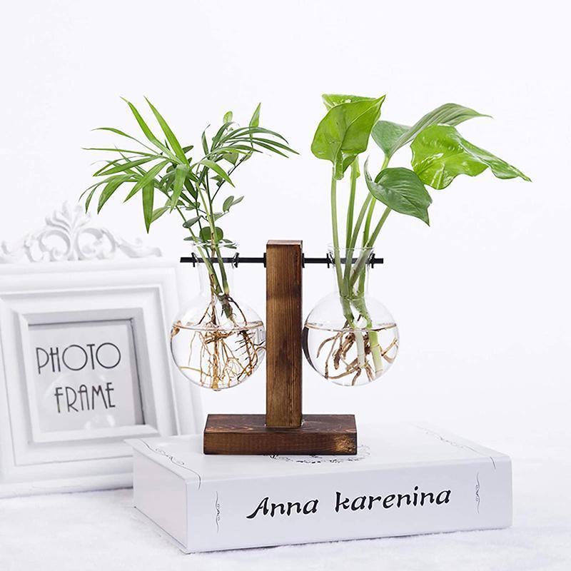 Glass Bulb Plant Vase with Wooden Stand - Two Bulbs, 10 x 13.5 cm - view 5