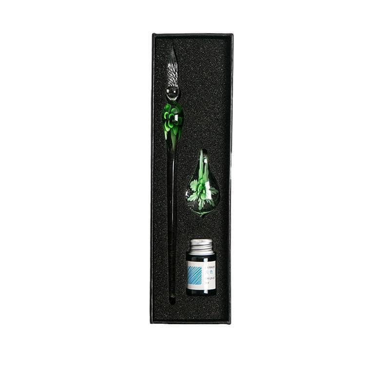 Glass Dip Pen Gift Set with Ink and Penholder - Green