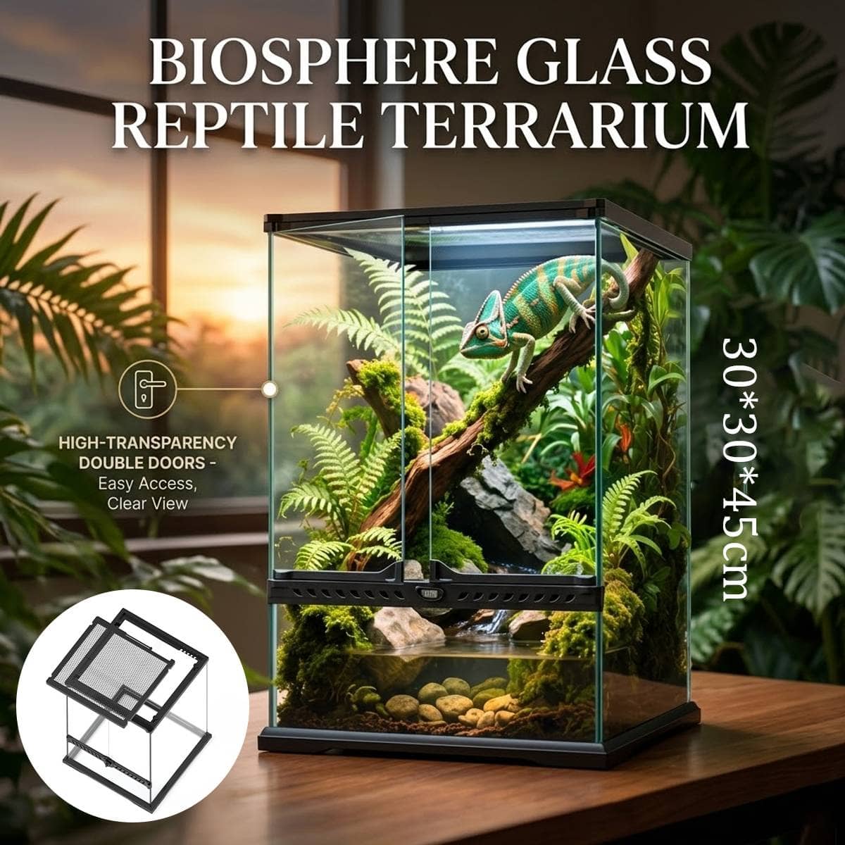 Glass Reptile Terrarium with Double Doors and Panoramic View