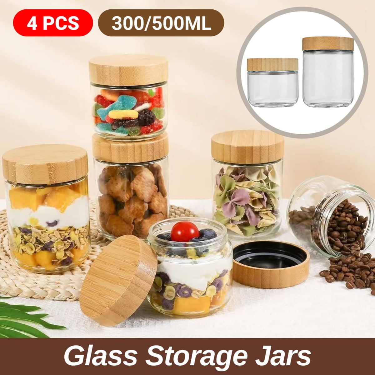 Glass Storage Jars with Bamboo Lids, Set of 4 - 300ml - view 2