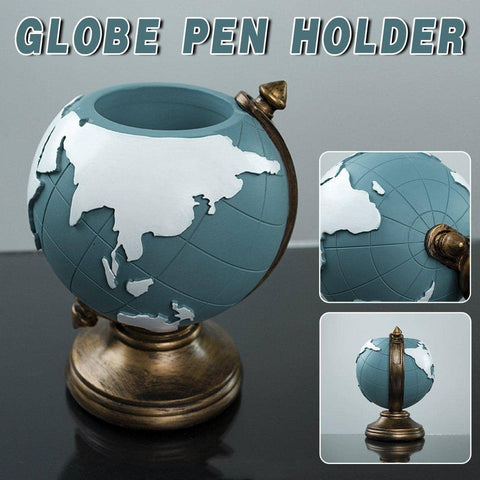 Globe Pen Holder Desk Organiser, Blue Resin Office Storage Stand and Decor Ornament
