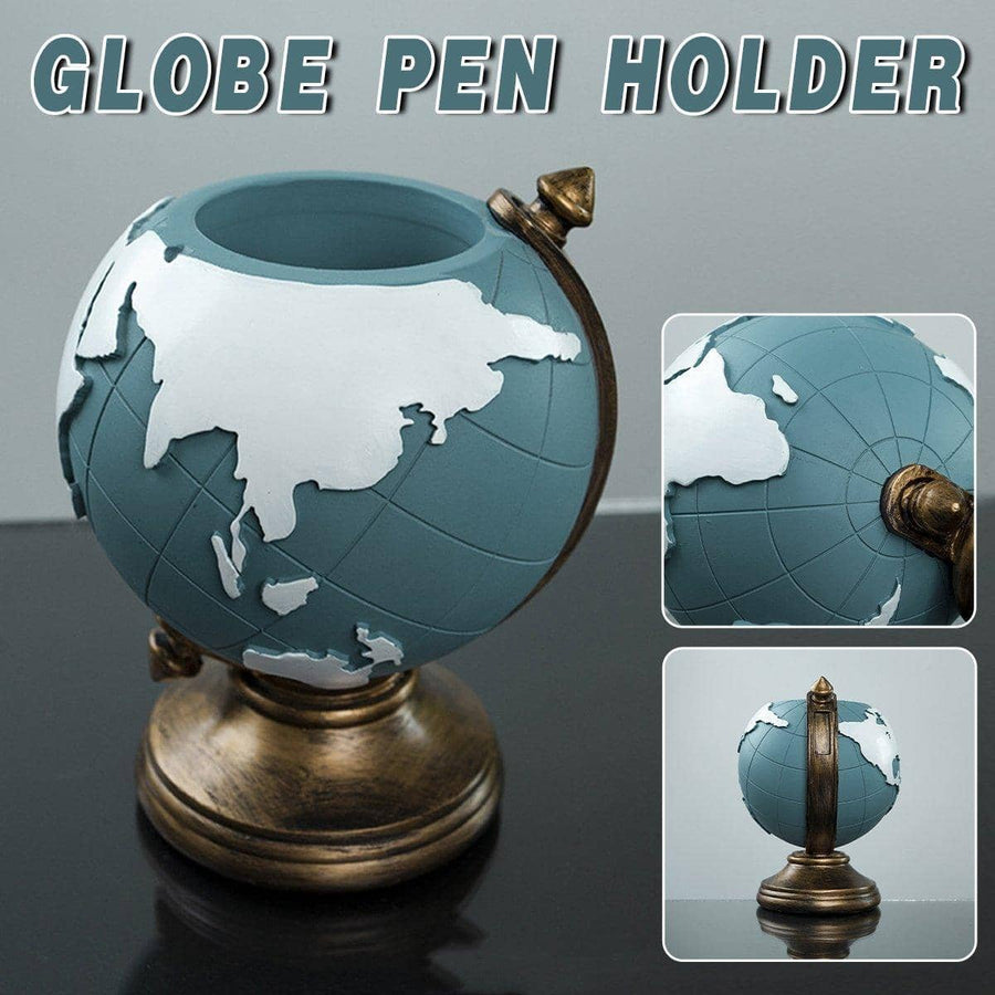 Globe Pen Holder Desk Organiser, Blue Resin Office Storage Stand and Decor Ornament