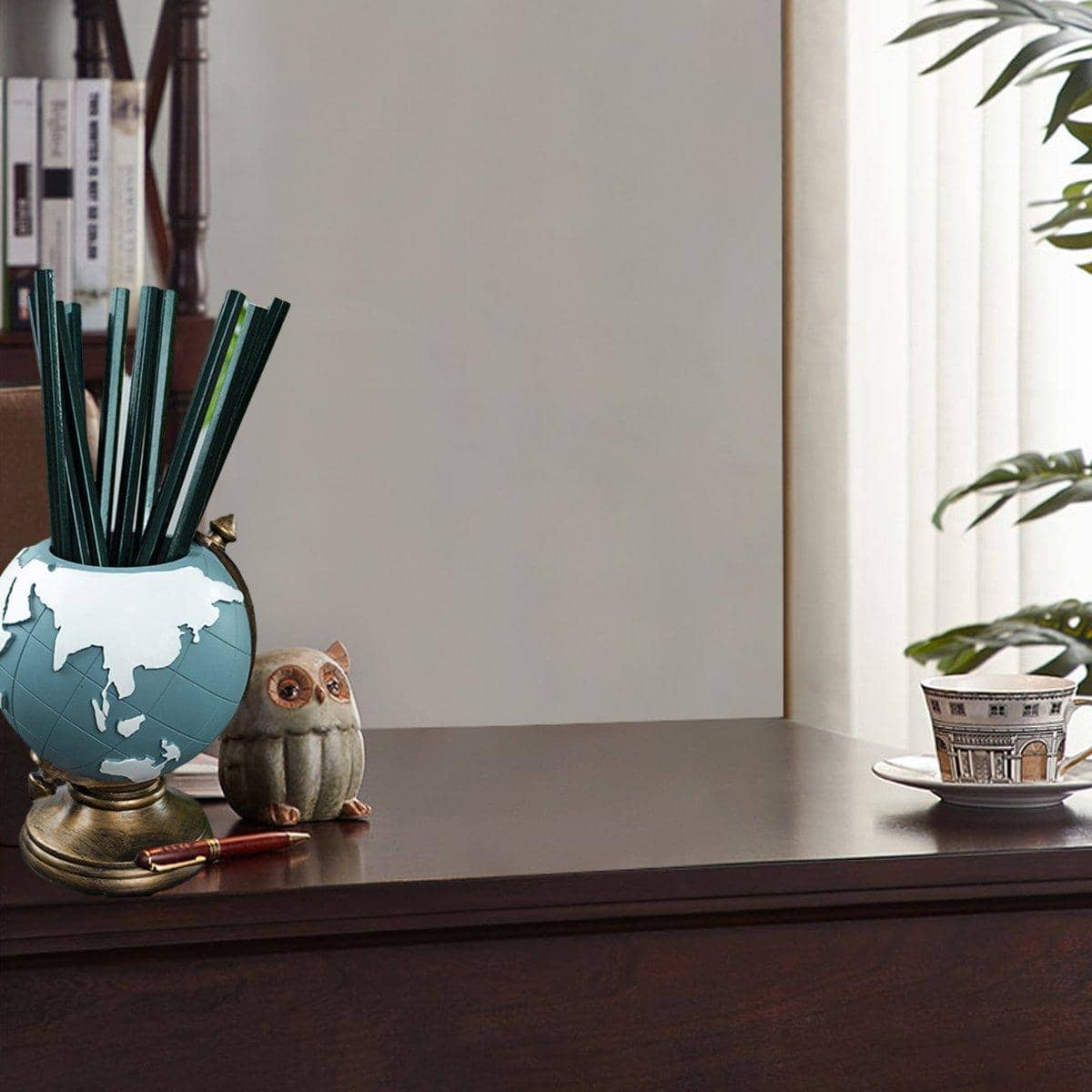 Globe Pen Holder Desk Organiser, Blue Resin Office Storage Stand and Decor Ornament - view 5