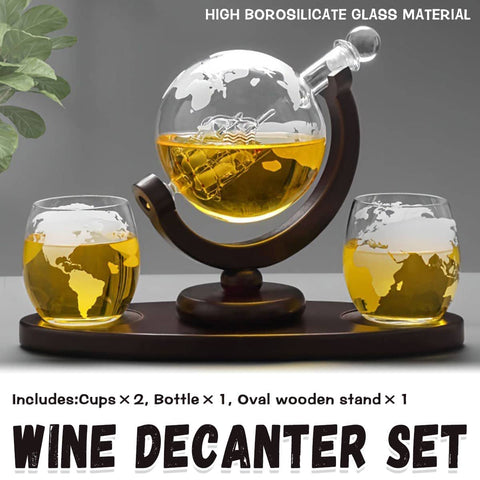 Globe Wine Decanter Set with Two Whisky Glasses and Wooden Stand