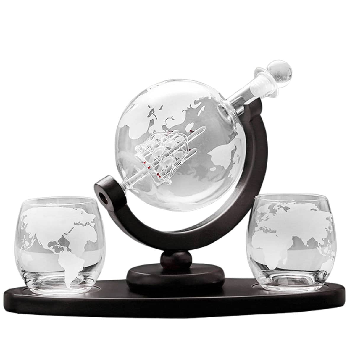 Globe Wine Decanter Set with Two Whisky Glasses and Wooden Stand - view 2