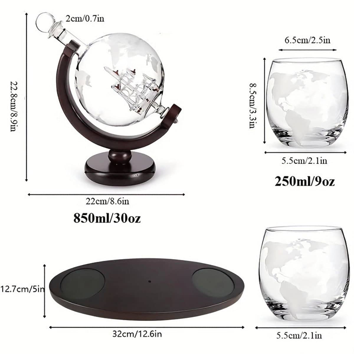 Globe Wine Decanter Set with Two Whisky Glasses and Wooden Stand - view 3