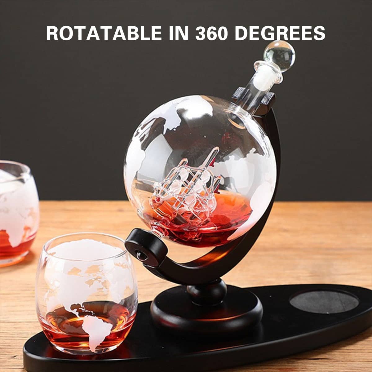 Globe Wine Decanter Set with Two Whisky Glasses and Wooden Stand - view 4