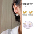 Gold Bow Earrings with Blue Glass Drops for Women
