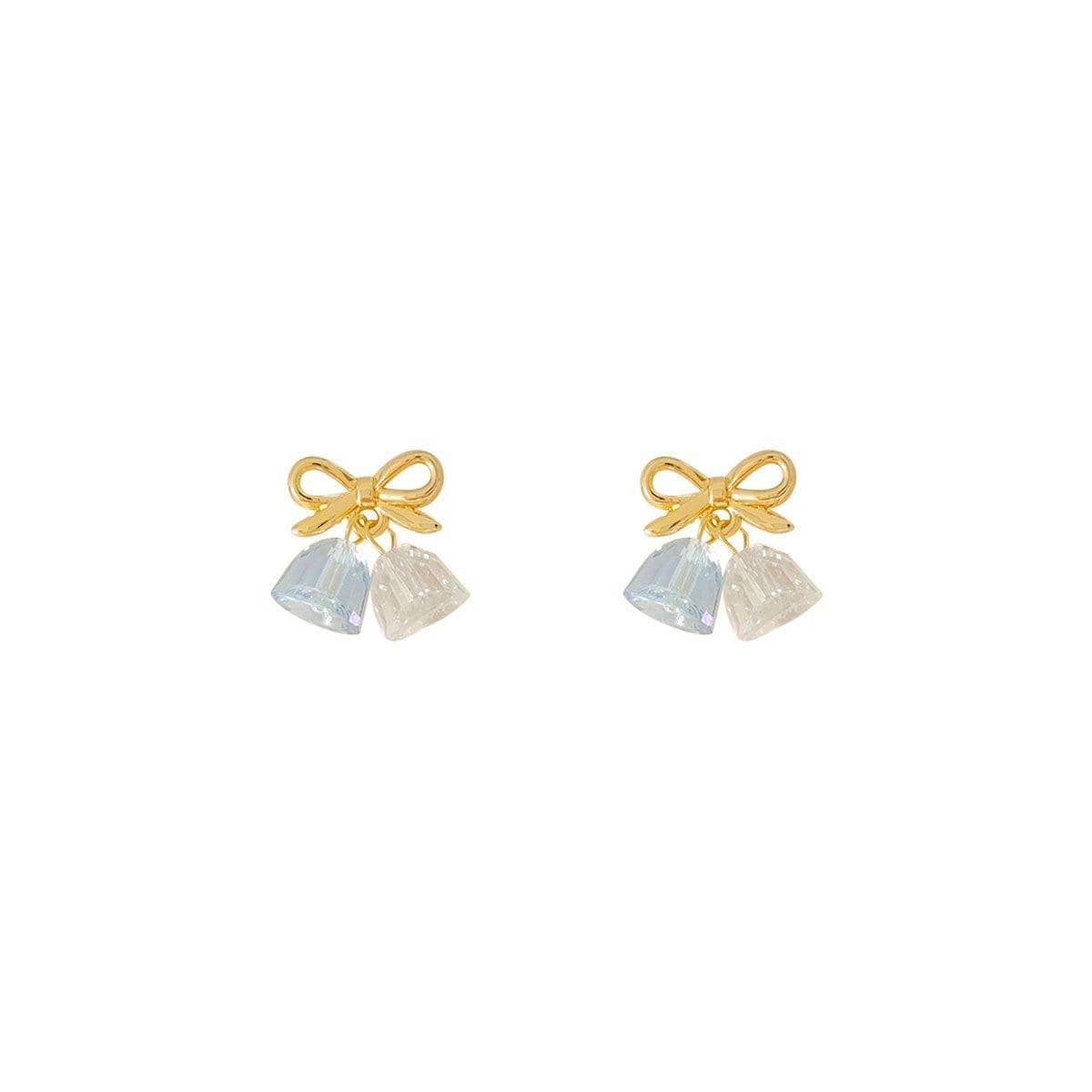 Gold Bow Earrings with Blue Glass Drops for Women - view 2