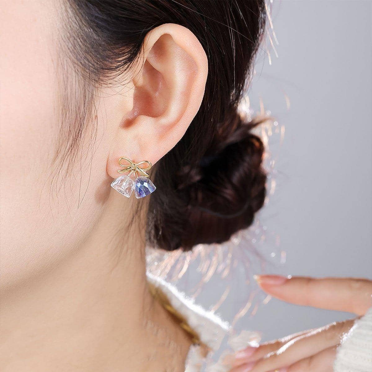 Gold Bow Earrings with Blue Glass Drops for Women - view 4