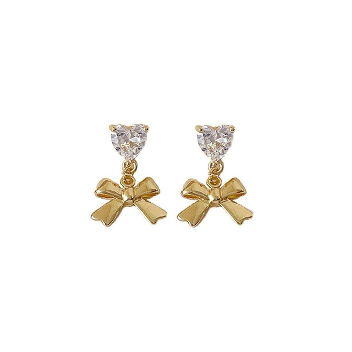 Gold Bow Pendant Earrings with Clear Heart Crystal Top - view 2