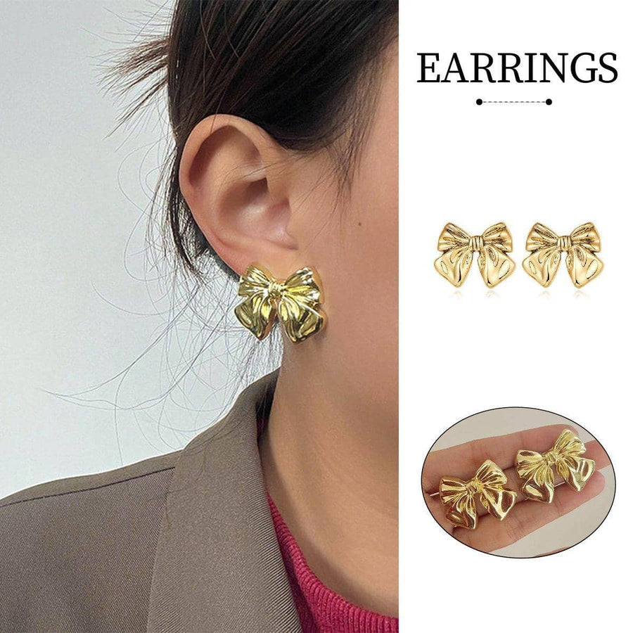 Gold Bow Stud Earrings for Women, Simple Elegant Fashion Jewellery