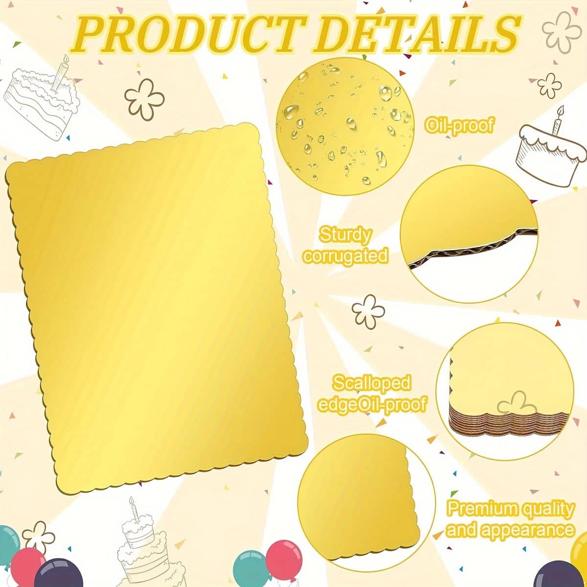 Gold Corrugated Cake Base Board, Rectangle with Wavy Edge for Bakery Display - view 5