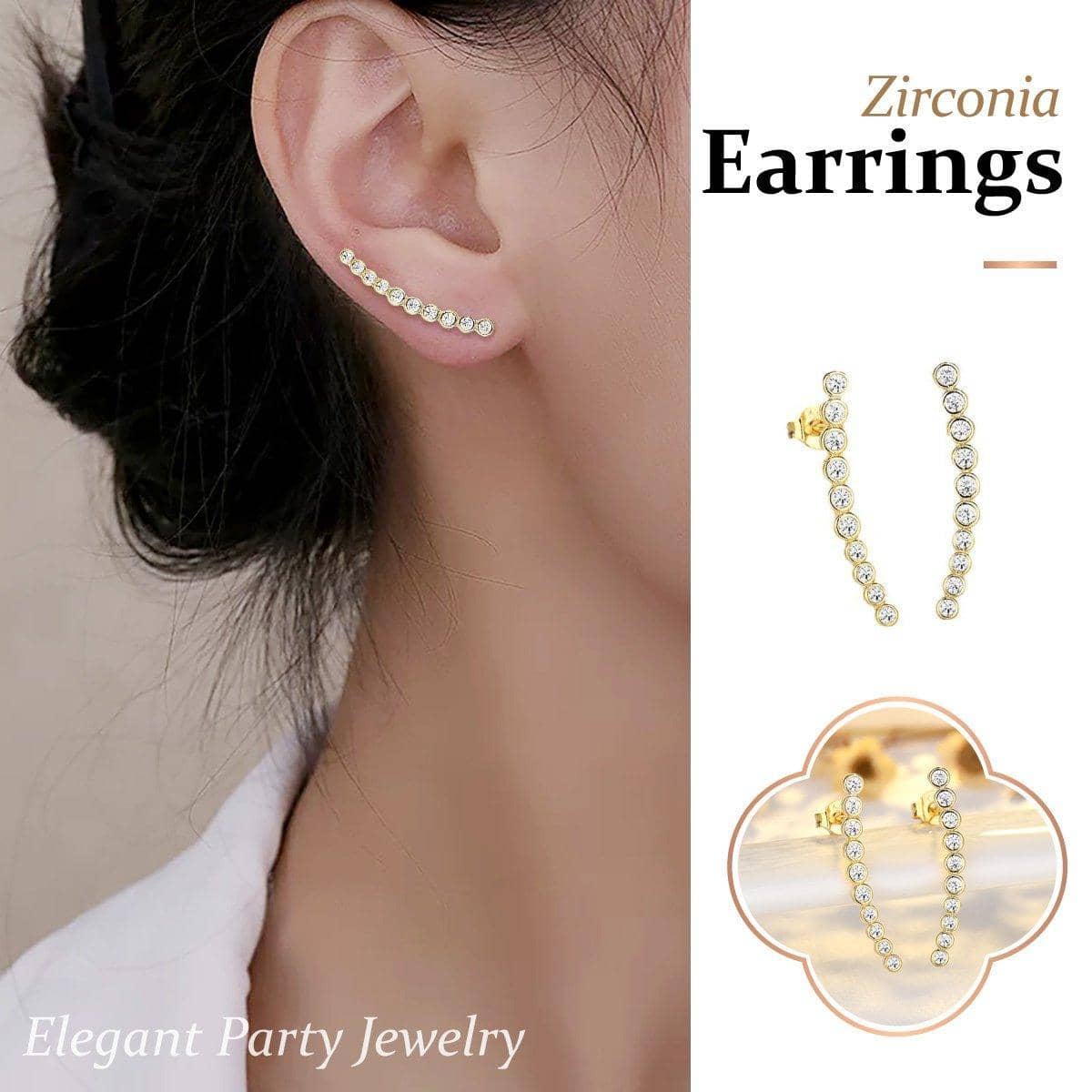 Gold Curved Row Zircon Stud Earrings for Women, Sparkling Everyday Jewellery