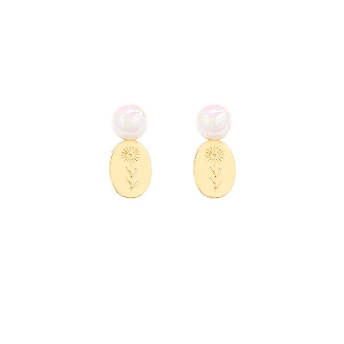 Gold Flower Oval Earrings with Imitation Pearl Accents for Women - view 2