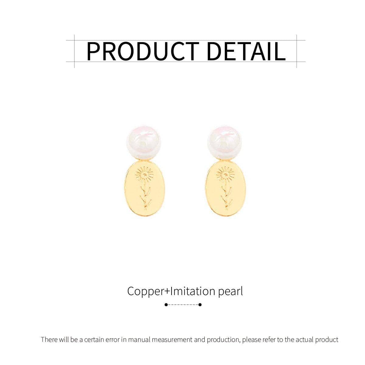 Gold Flower Oval Earrings with Imitation Pearl Accents for Women - view 3