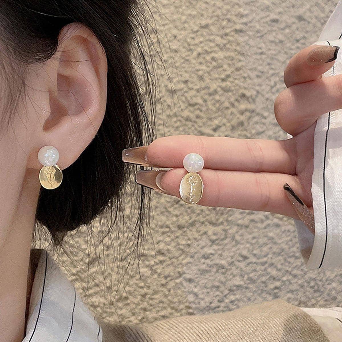 Gold Flower Oval Earrings with Imitation Pearl Accents for Women - view 4