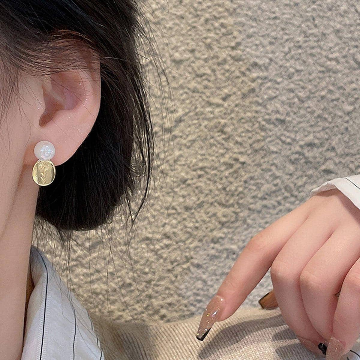 Gold Flower Oval Earrings with Imitation Pearl Accents for Women - view 5
