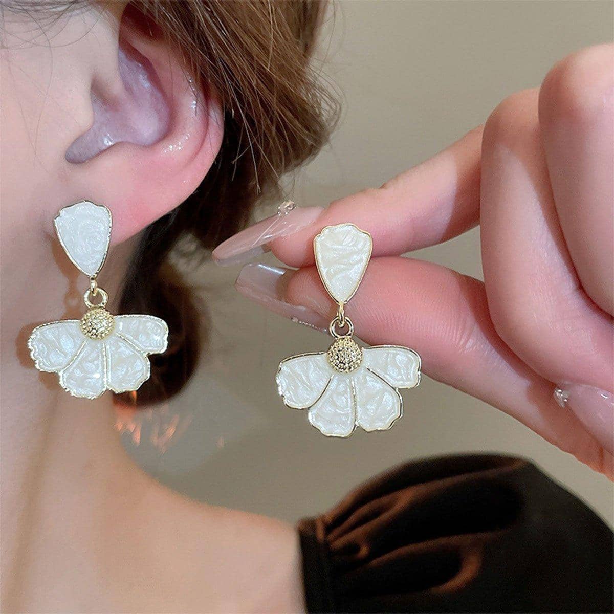 Gold Flower Stud Earrings with Pearl Accent for Women - view 4