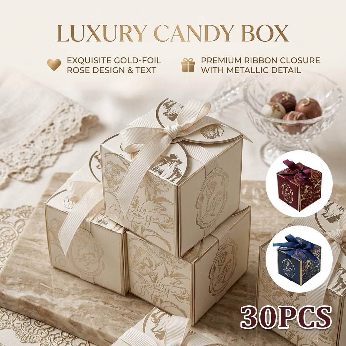 Gold Foil Floral Candy Boxes - Navy Blue, Pack of 30 - view 2
