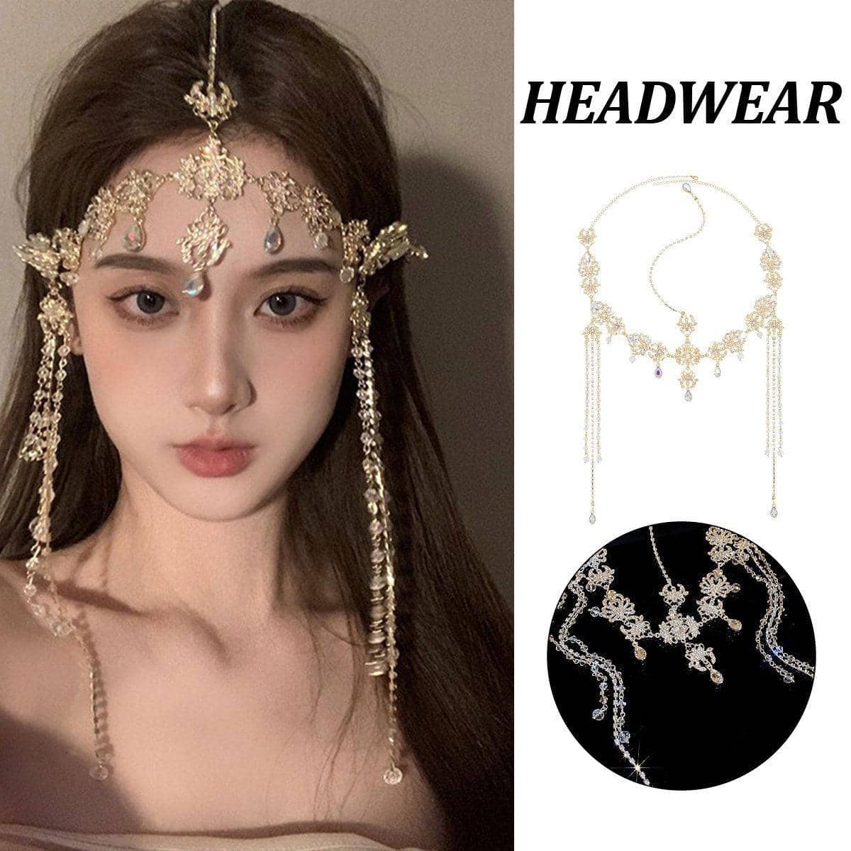 Gold Fringe Forehead Ornament for Hanfu, Adjustable Headwear Accessory